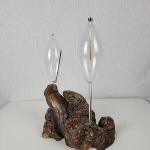 Vintage Oil Candle Lamp Burl Root Designs Glass Lantern Wood Base MCM Retro